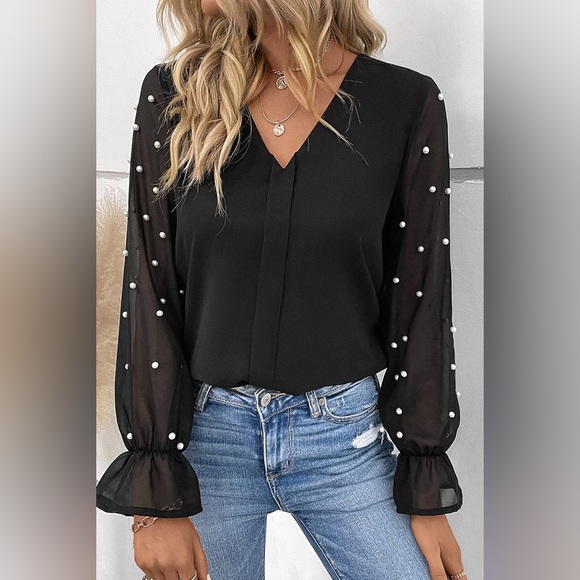 Black Pearl Mesh Flounce Sleeve V Neck Blouse - Picture 5 of 15